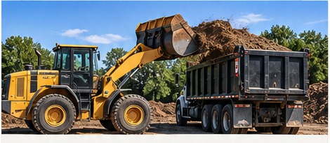 Loader loading material into a dump truck